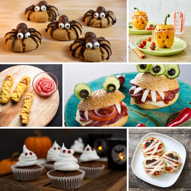 A collage of images showing cookies with chocolate spiders on top; orange sweet pepper with a spaghetti filling; mummy hotdogs wrapped in cheese; monster burgers; ghost cupcakes and mummy pizzas.